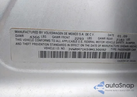 2009 Volkswagen Jetta Se from USA, damaged, VIN 3VWRM71K59M130092